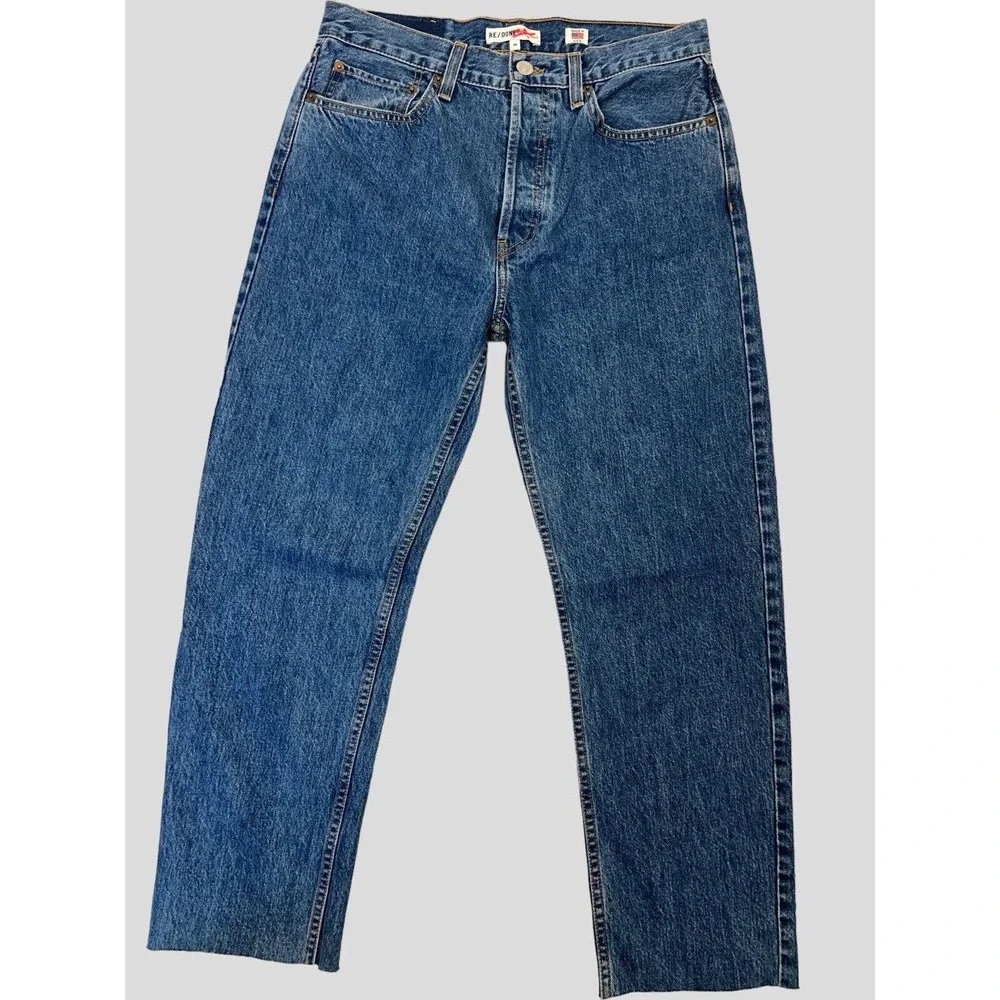 REDONE Originals High Rise Stove Pipe Cotton Button-Fly Raw Hem Blue Jeans 30‎